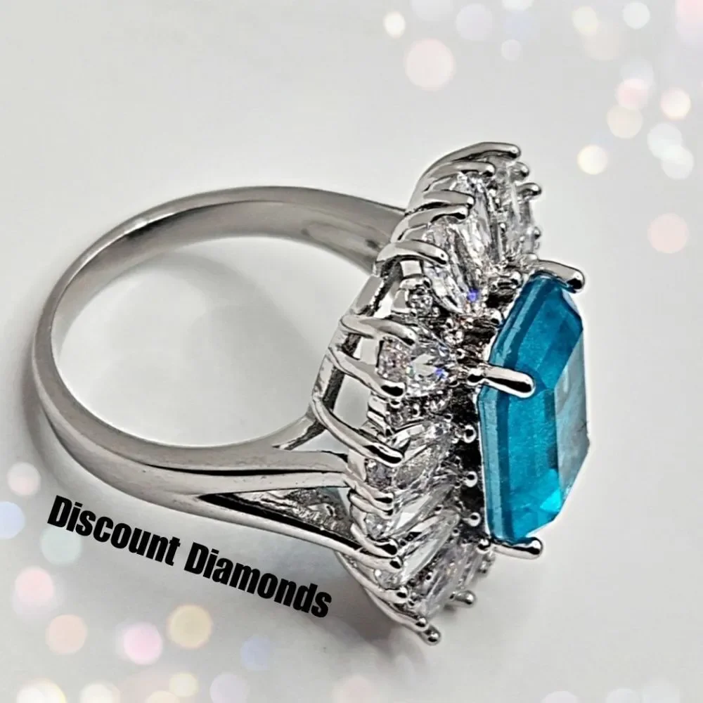 Neon Blue Paraiba & Clear Zircon Cocktail Ring 18K White Gold on 925 Silver